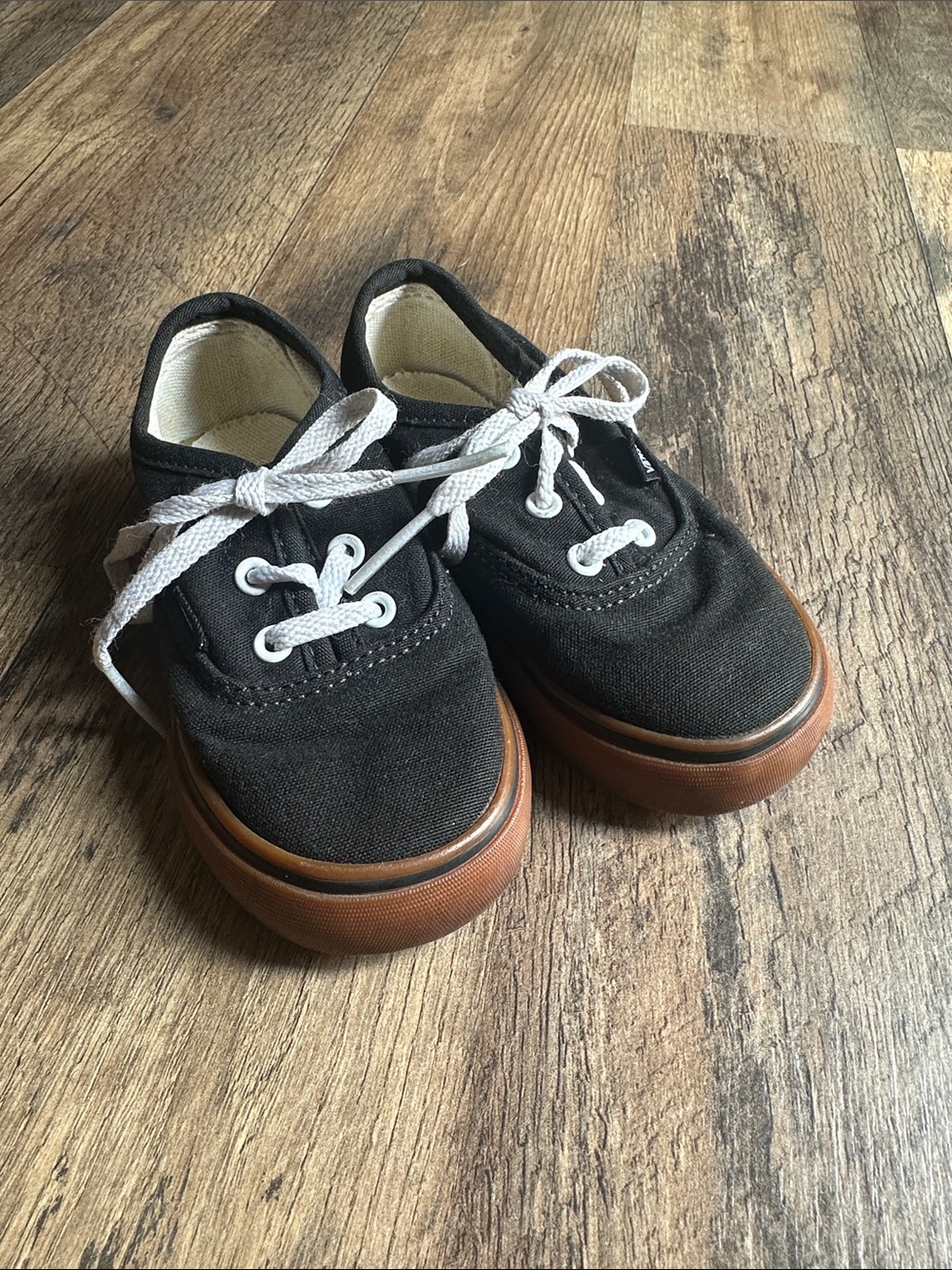 Vans Kids Black Canvas Sneakers with Brown Sole and White Laces